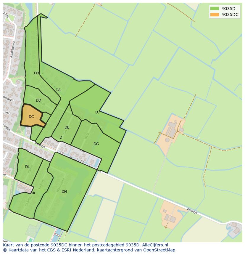 Afbeelding van het postcodegebied 9035 DC op de kaart.