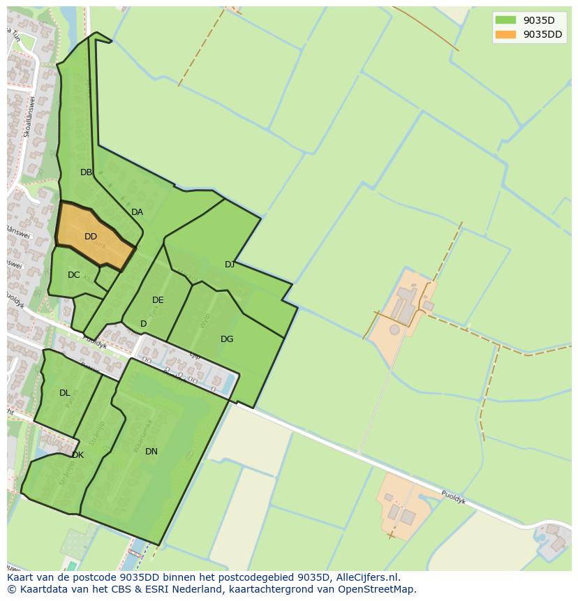 Afbeelding van het postcodegebied 9035 DD op de kaart.