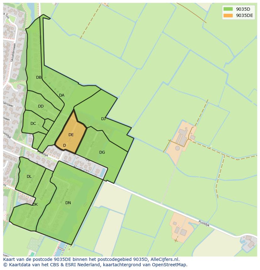 Afbeelding van het postcodegebied 9035 DE op de kaart.
