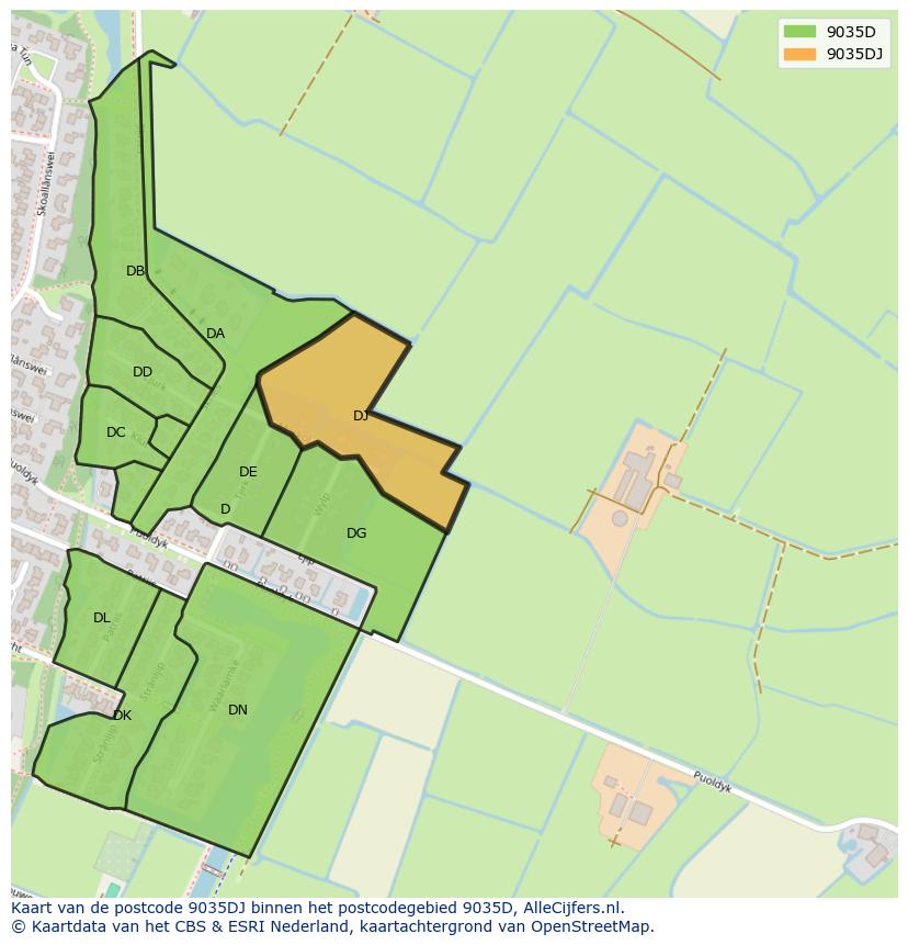 Afbeelding van het postcodegebied 9035 DJ op de kaart.