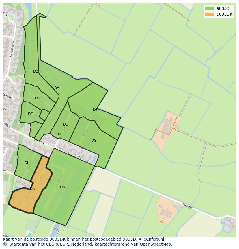 Afbeelding van het postcodegebied 9035 DK op de kaart.