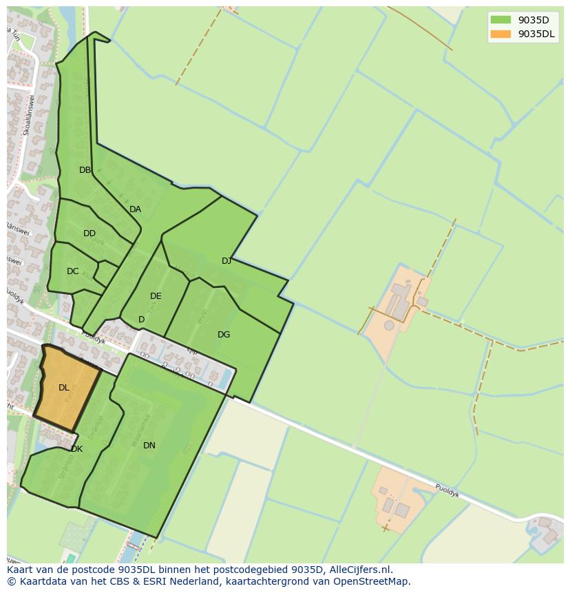 Afbeelding van het postcodegebied 9035 DL op de kaart.