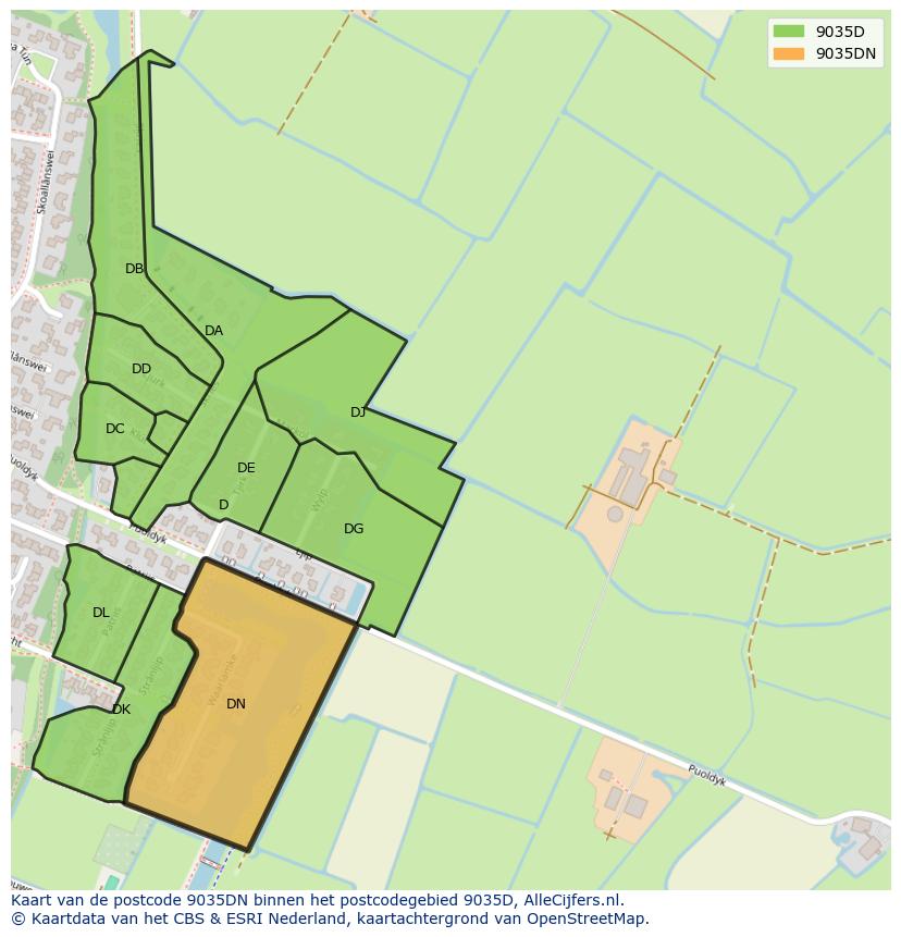 Afbeelding van het postcodegebied 9035 DN op de kaart.