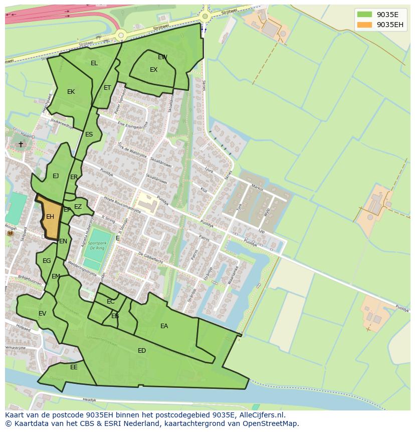 Afbeelding van het postcodegebied 9035 EH op de kaart.