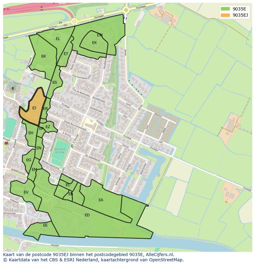 Afbeelding van het postcodegebied 9035 EJ op de kaart.