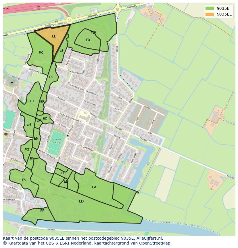 Afbeelding van het postcodegebied 9035 EL op de kaart.