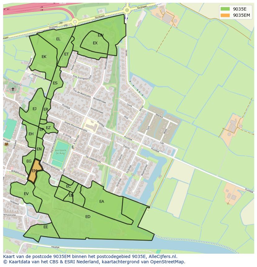 Afbeelding van het postcodegebied 9035 EM op de kaart.