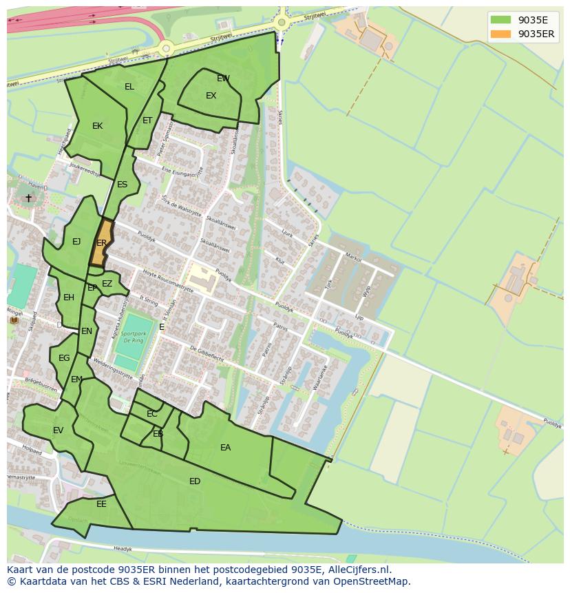 Afbeelding van het postcodegebied 9035 ER op de kaart.