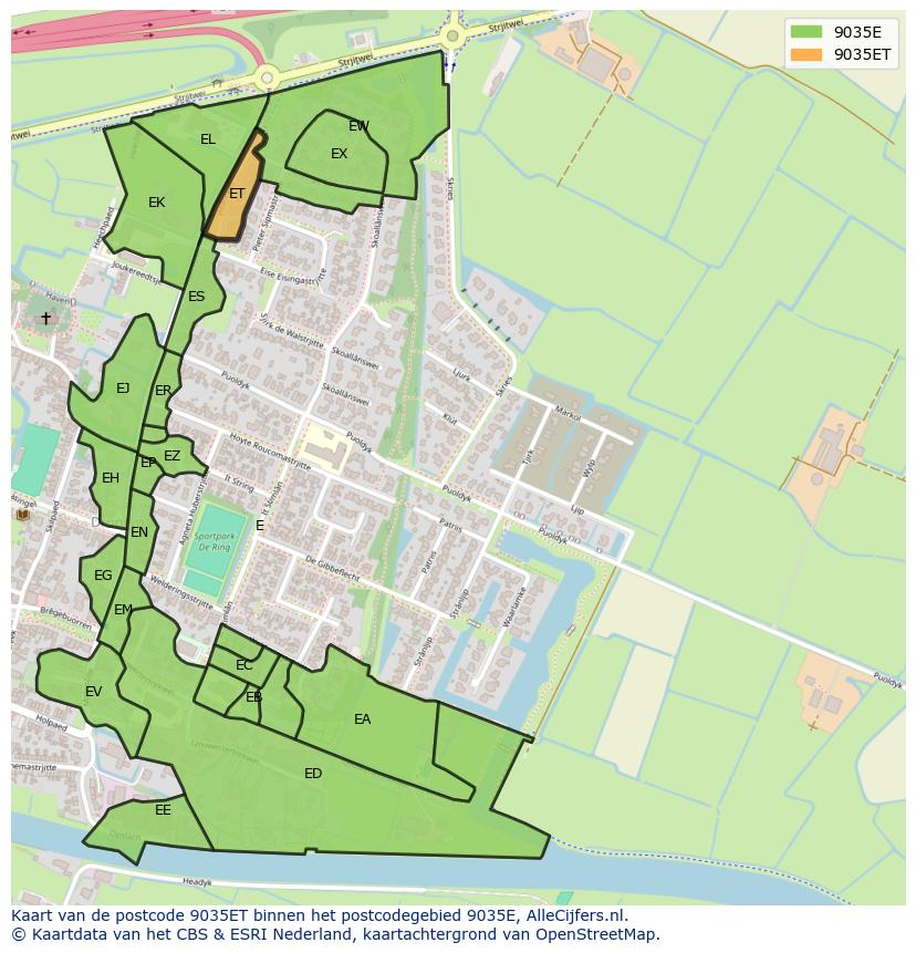 Afbeelding van het postcodegebied 9035 ET op de kaart.