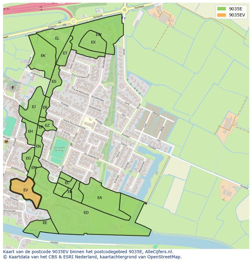 Afbeelding van het postcodegebied 9035 EV op de kaart.