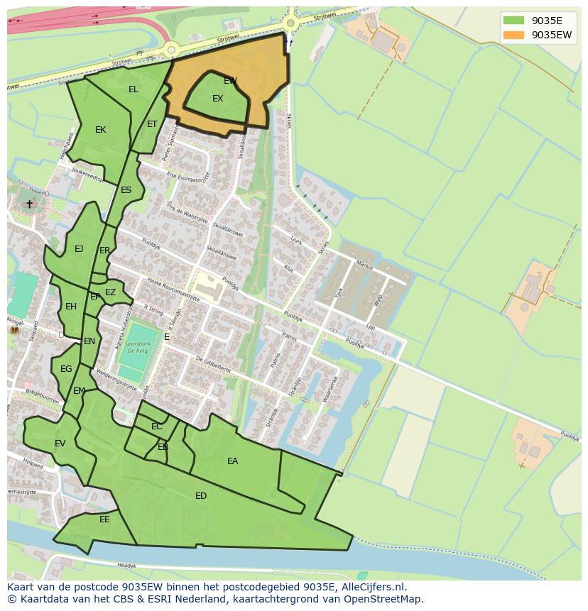 Afbeelding van het postcodegebied 9035 EW op de kaart.