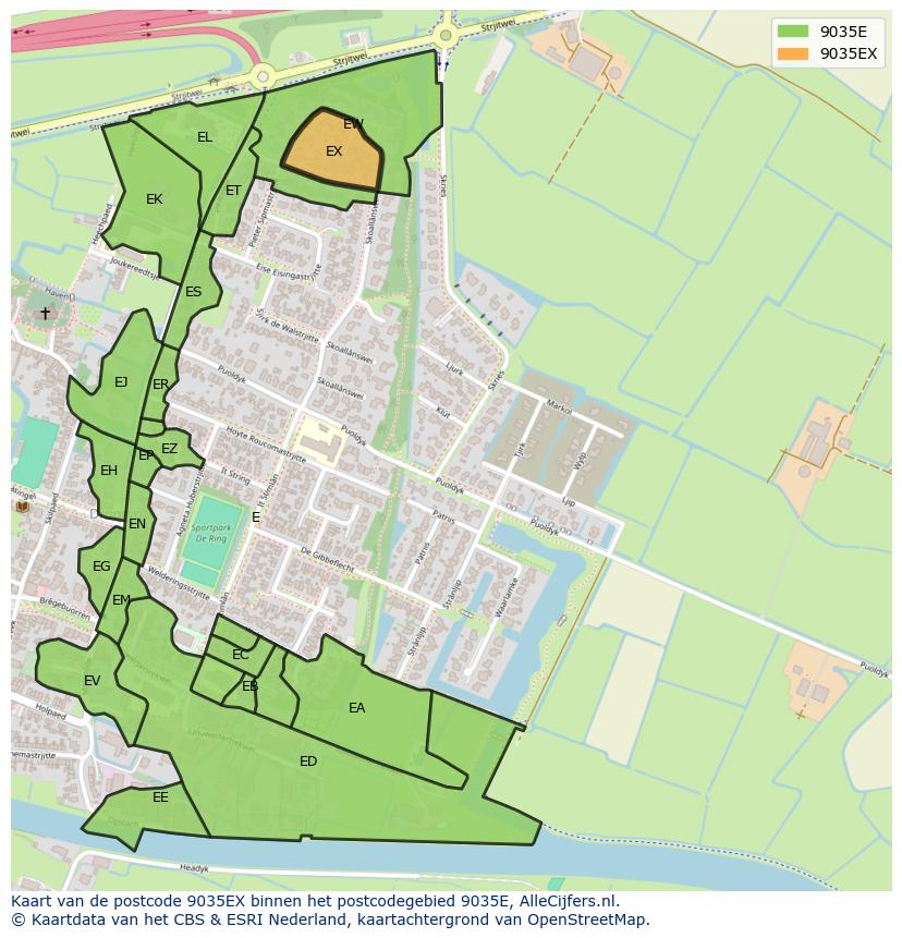 Afbeelding van het postcodegebied 9035 EX op de kaart.