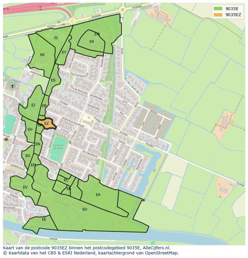 Afbeelding van het postcodegebied 9035 EZ op de kaart.