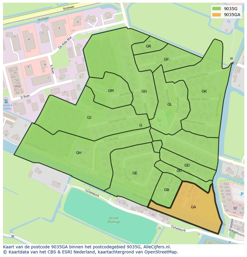 Afbeelding van het postcodegebied 9035 GA op de kaart.