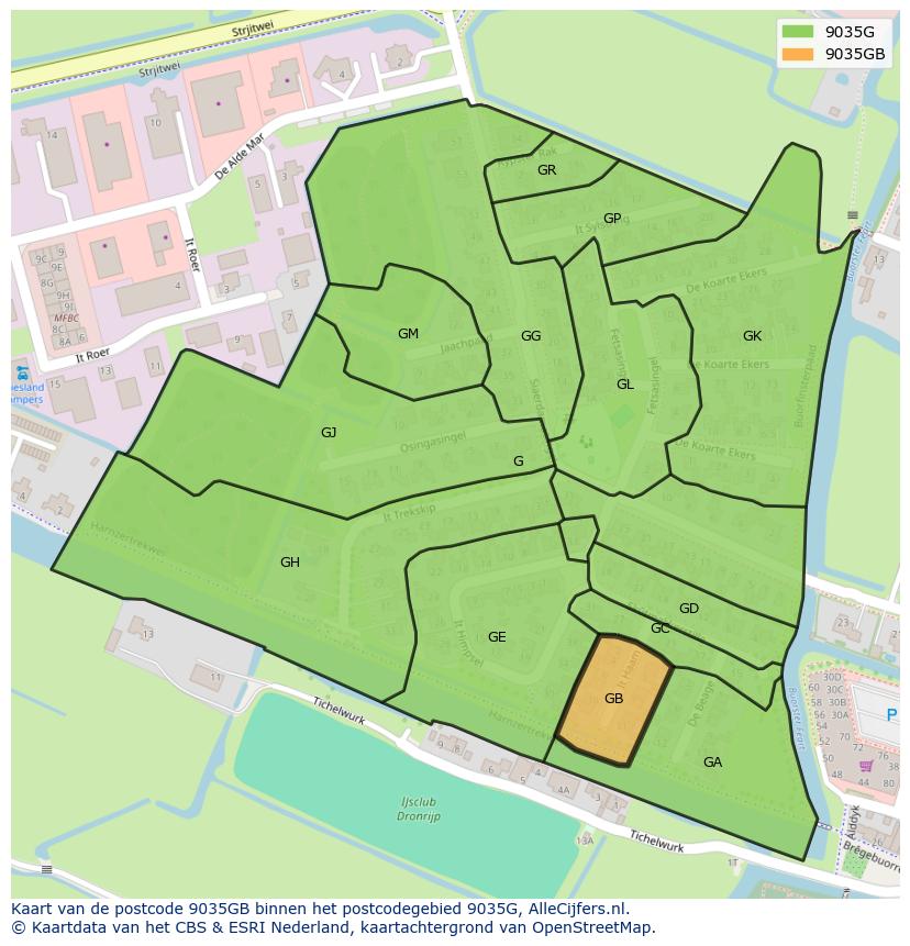 Afbeelding van het postcodegebied 9035 GB op de kaart.