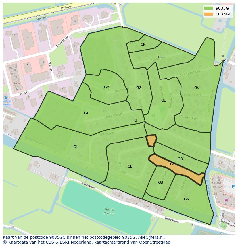 Afbeelding van het postcodegebied 9035 GC op de kaart.