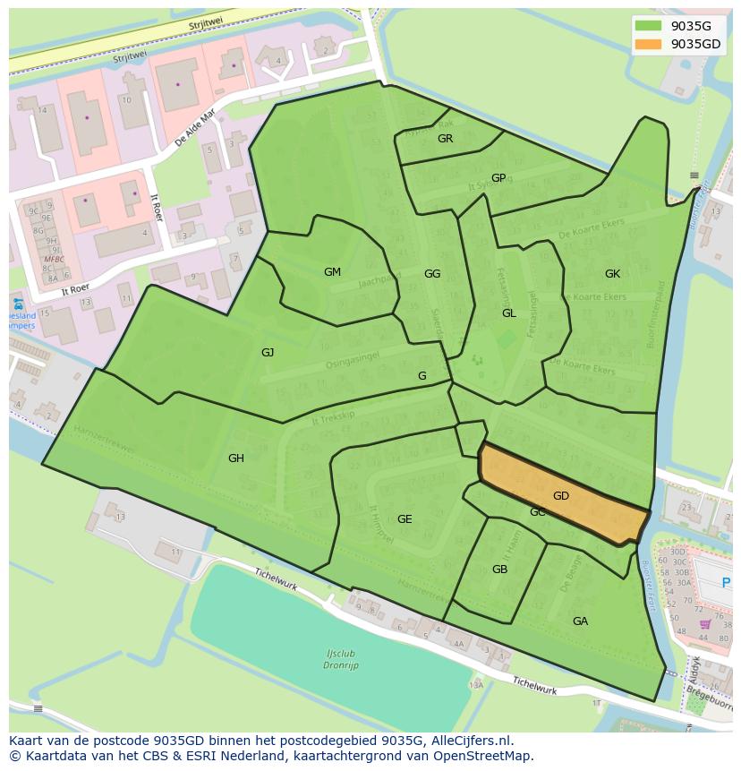 Afbeelding van het postcodegebied 9035 GD op de kaart.