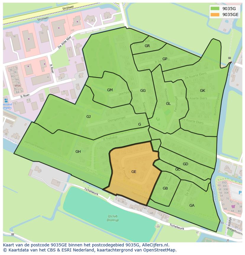 Afbeelding van het postcodegebied 9035 GE op de kaart.