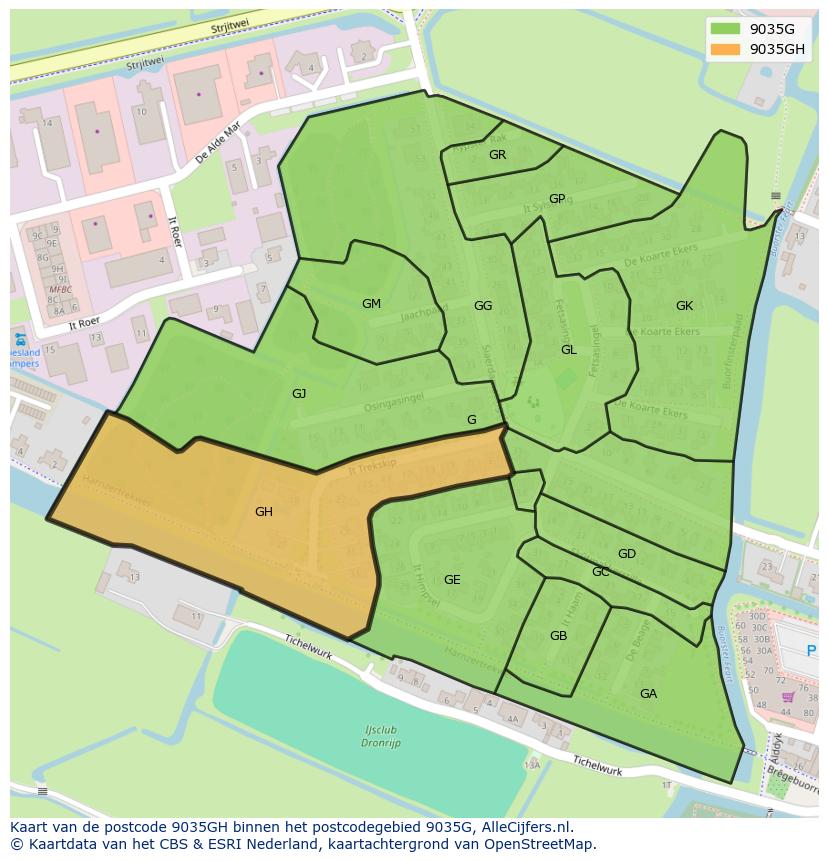 Afbeelding van het postcodegebied 9035 GH op de kaart.
