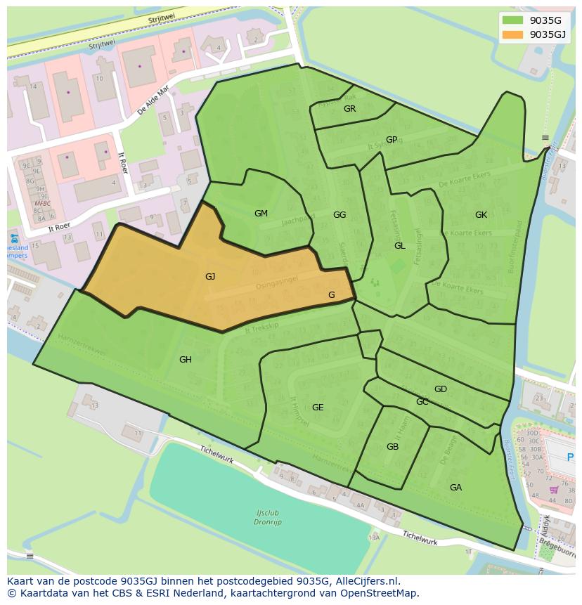 Afbeelding van het postcodegebied 9035 GJ op de kaart.