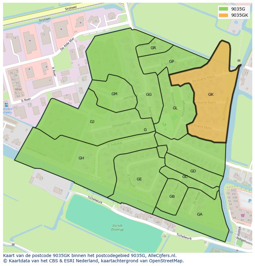 Afbeelding van het postcodegebied 9035 GK op de kaart.