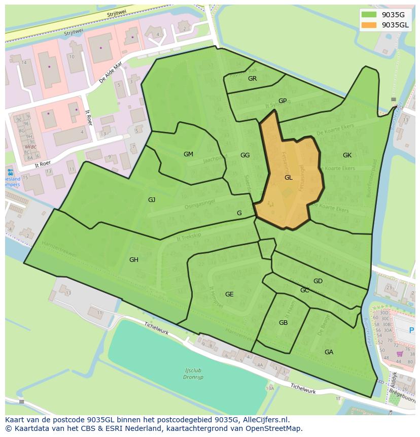 Afbeelding van het postcodegebied 9035 GL op de kaart.