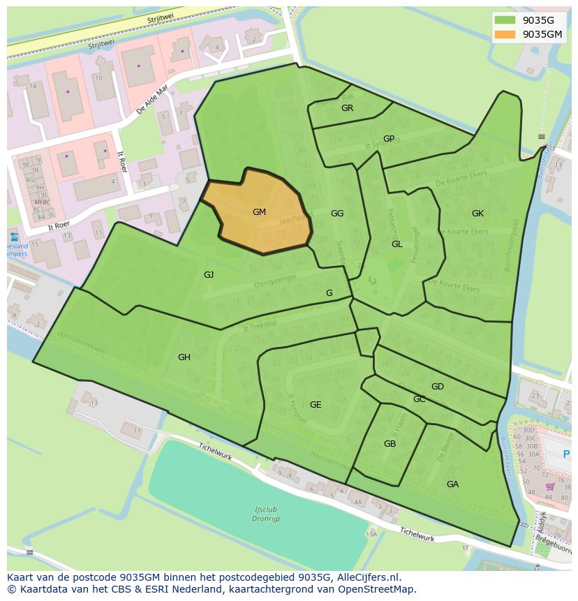 Afbeelding van het postcodegebied 9035 GM op de kaart.