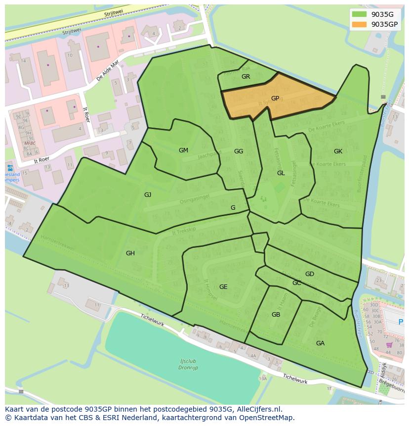 Afbeelding van het postcodegebied 9035 GP op de kaart.