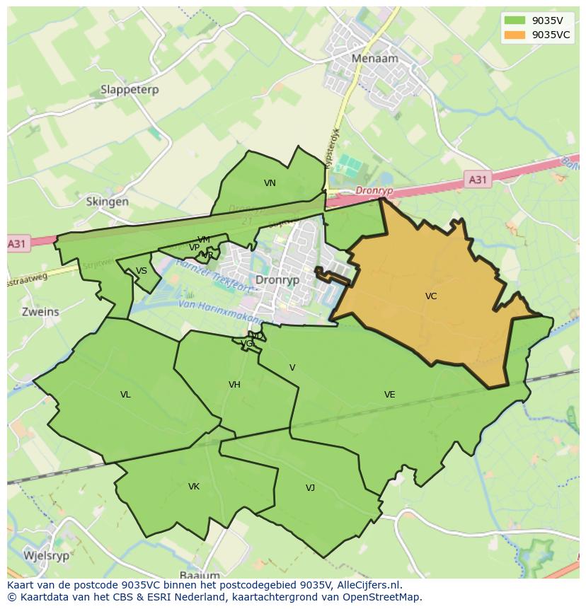 Afbeelding van het postcodegebied 9035 VC op de kaart.