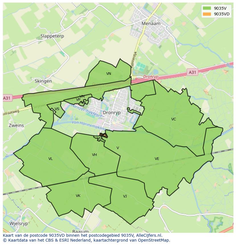 Afbeelding van het postcodegebied 9035 VD op de kaart.