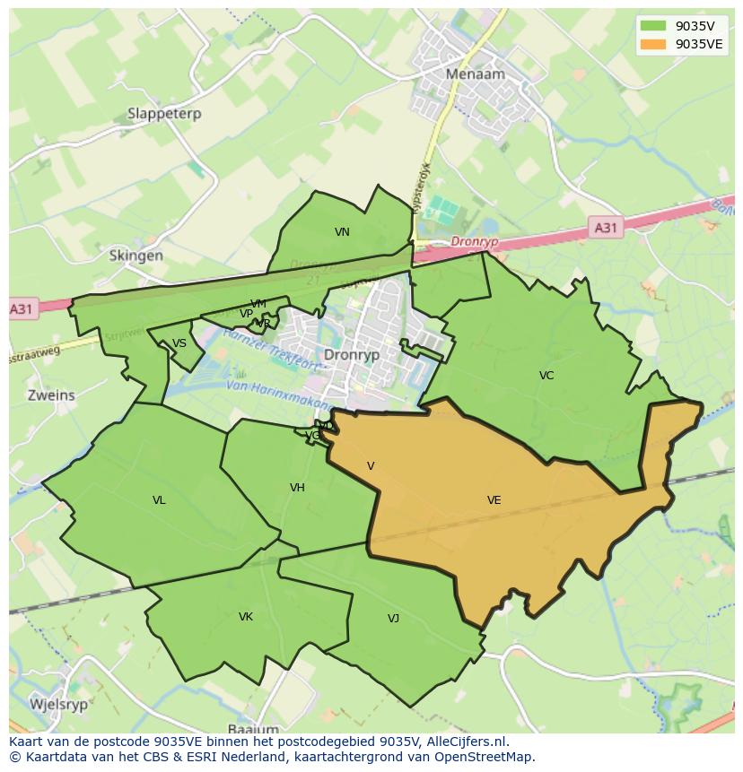 Afbeelding van het postcodegebied 9035 VE op de kaart.