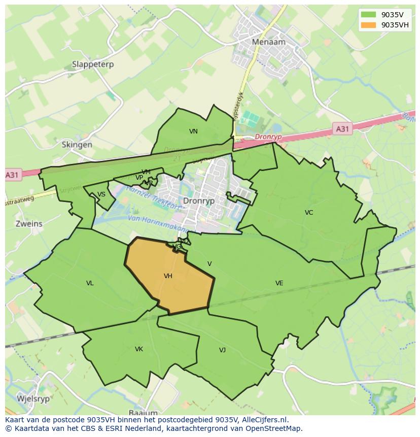 Afbeelding van het postcodegebied 9035 VH op de kaart.
