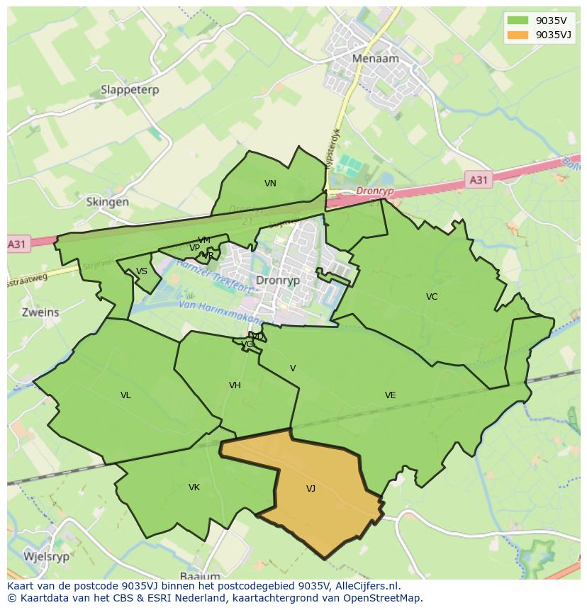 Afbeelding van het postcodegebied 9035 VJ op de kaart.