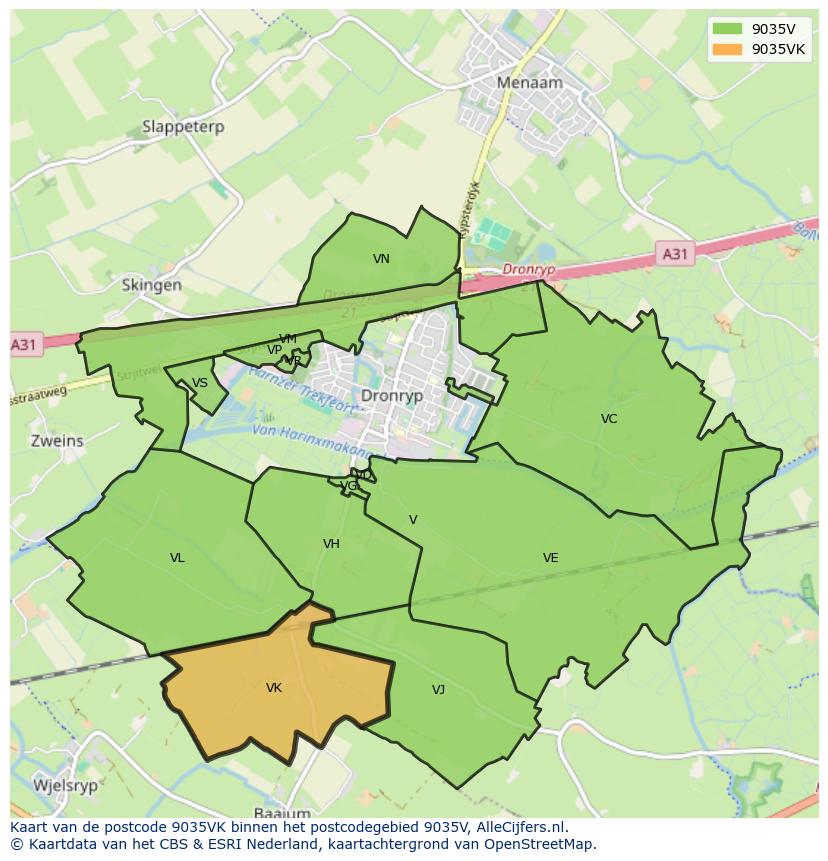 Afbeelding van het postcodegebied 9035 VK op de kaart.