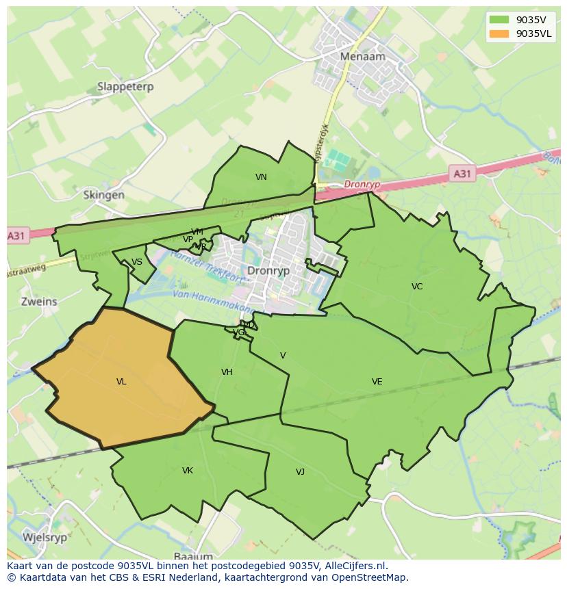Afbeelding van het postcodegebied 9035 VL op de kaart.