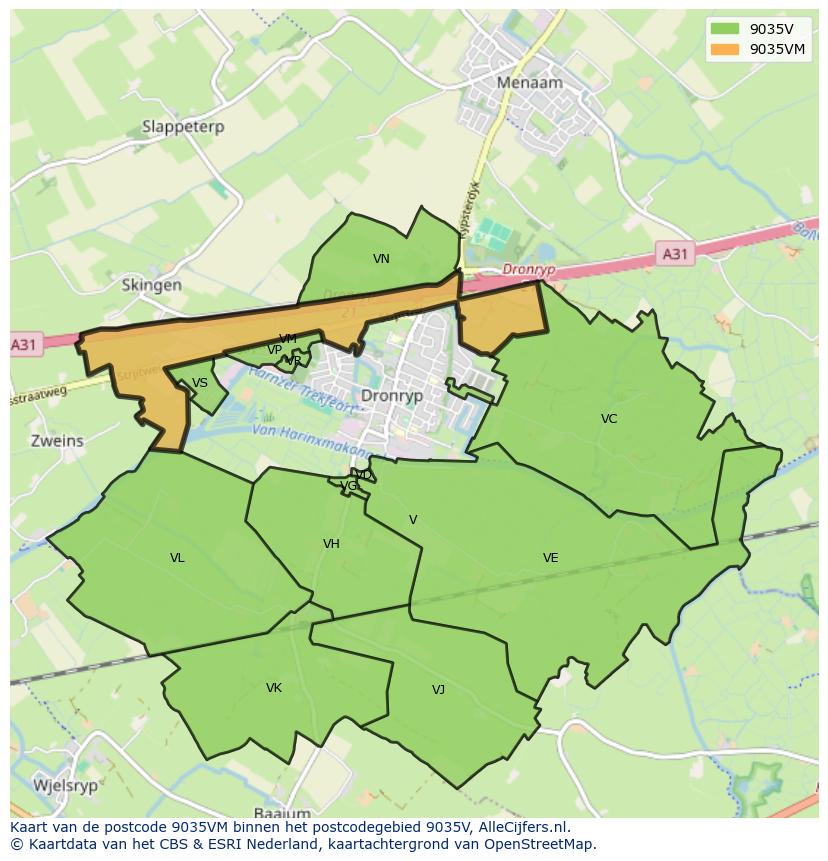 Afbeelding van het postcodegebied 9035 VM op de kaart.