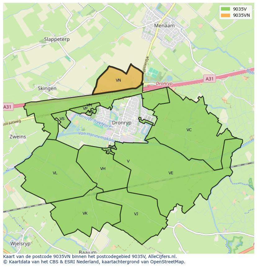 Afbeelding van het postcodegebied 9035 VN op de kaart.