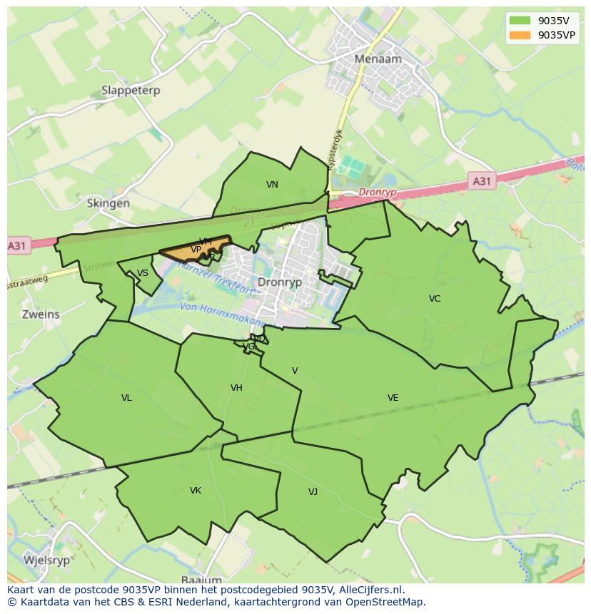 Afbeelding van het postcodegebied 9035 VP op de kaart.