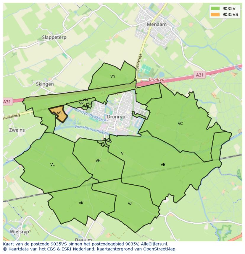 Afbeelding van het postcodegebied 9035 VS op de kaart.