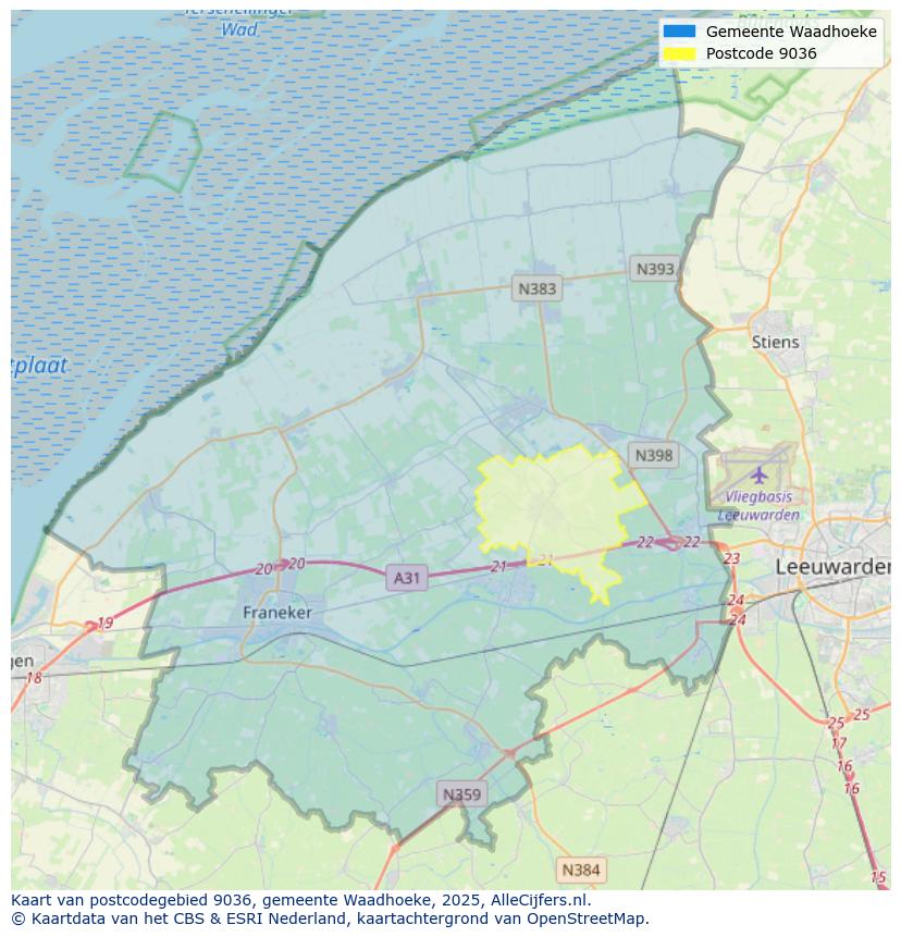 Afbeelding van het postcodegebied 9036 op de kaart.