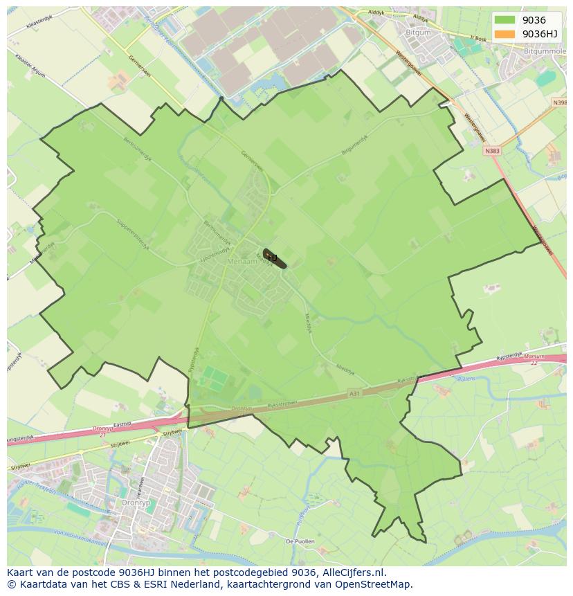 Afbeelding van het postcodegebied 9036 HJ op de kaart.