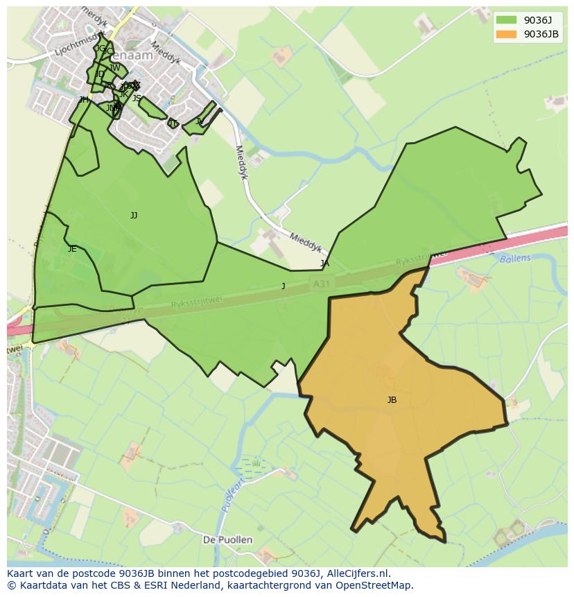Afbeelding van het postcodegebied 9036 JB op de kaart.