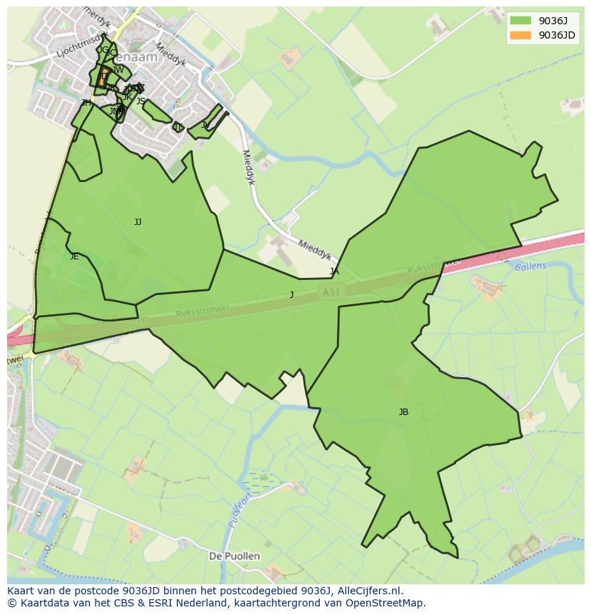 Afbeelding van het postcodegebied 9036 JD op de kaart.