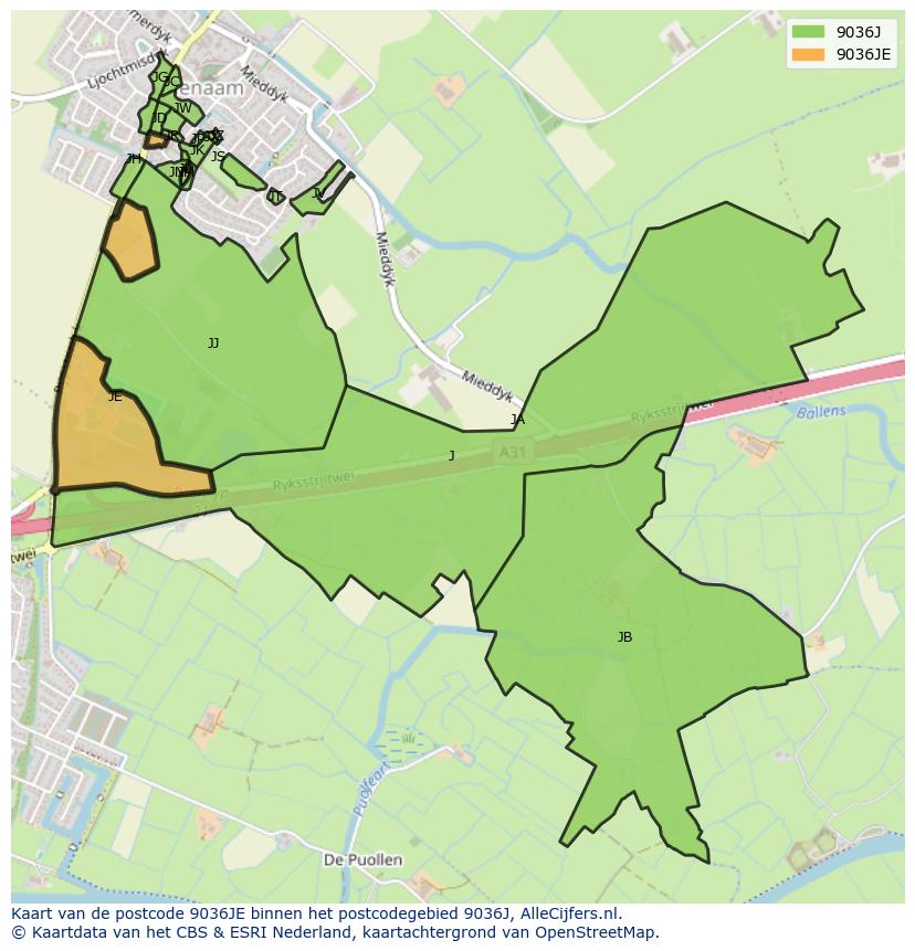 Afbeelding van het postcodegebied 9036 JE op de kaart.