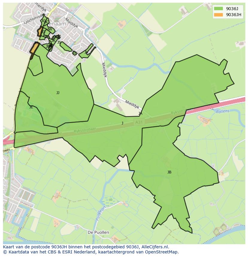 Afbeelding van het postcodegebied 9036 JH op de kaart.