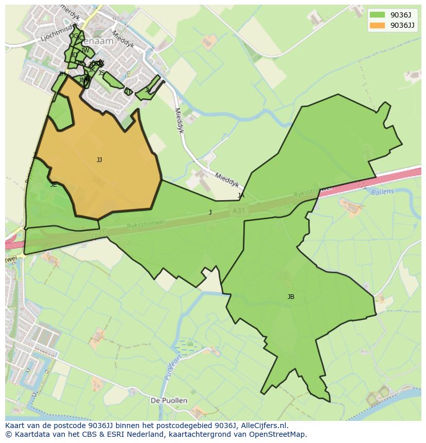 Afbeelding van het postcodegebied 9036 JJ op de kaart.