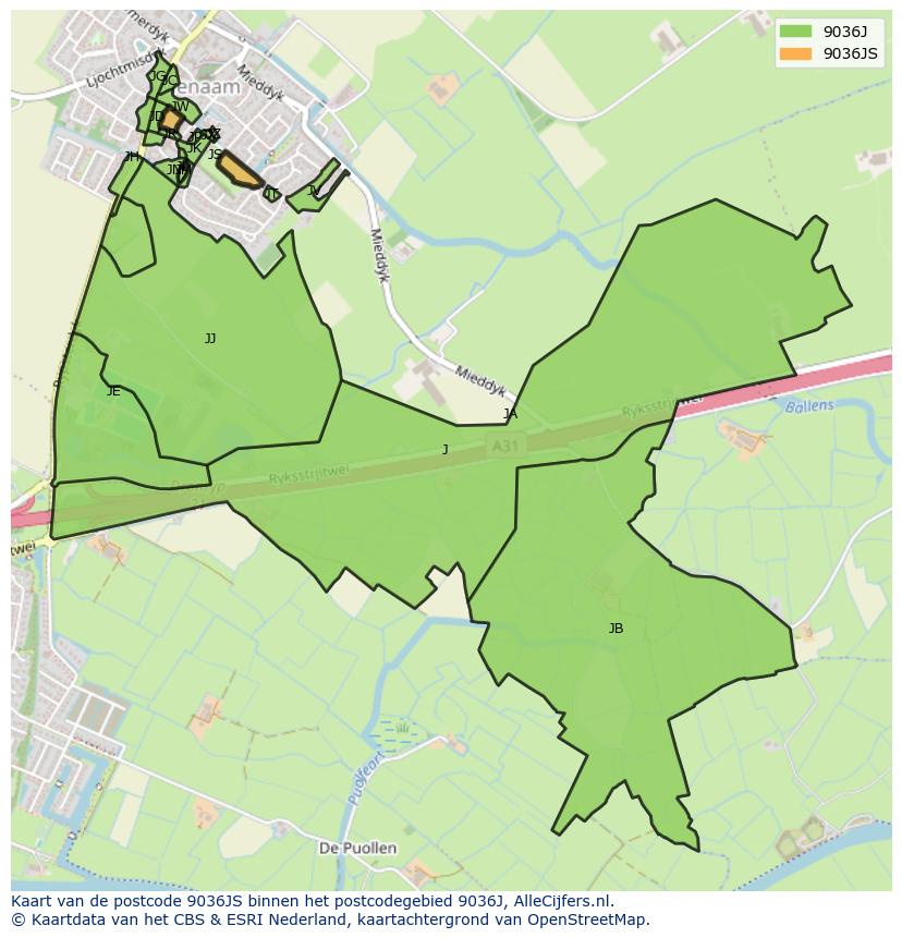 Afbeelding van het postcodegebied 9036 JS op de kaart.