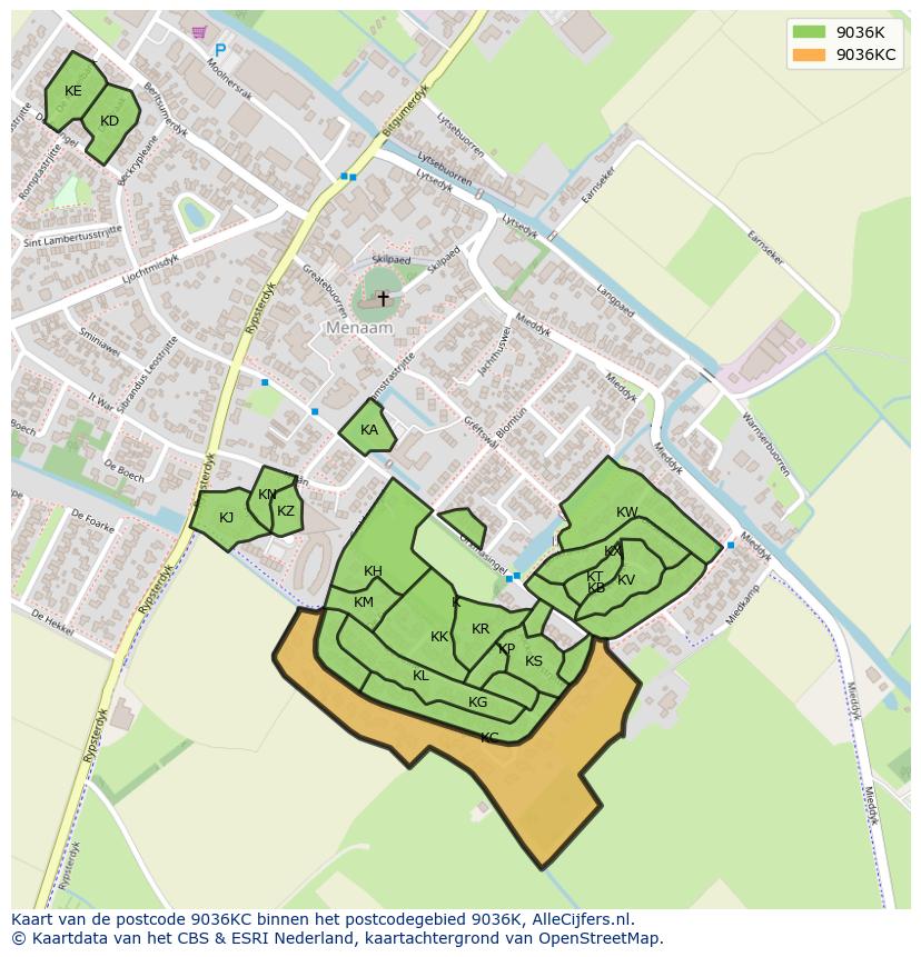Afbeelding van het postcodegebied 9036 KC op de kaart.