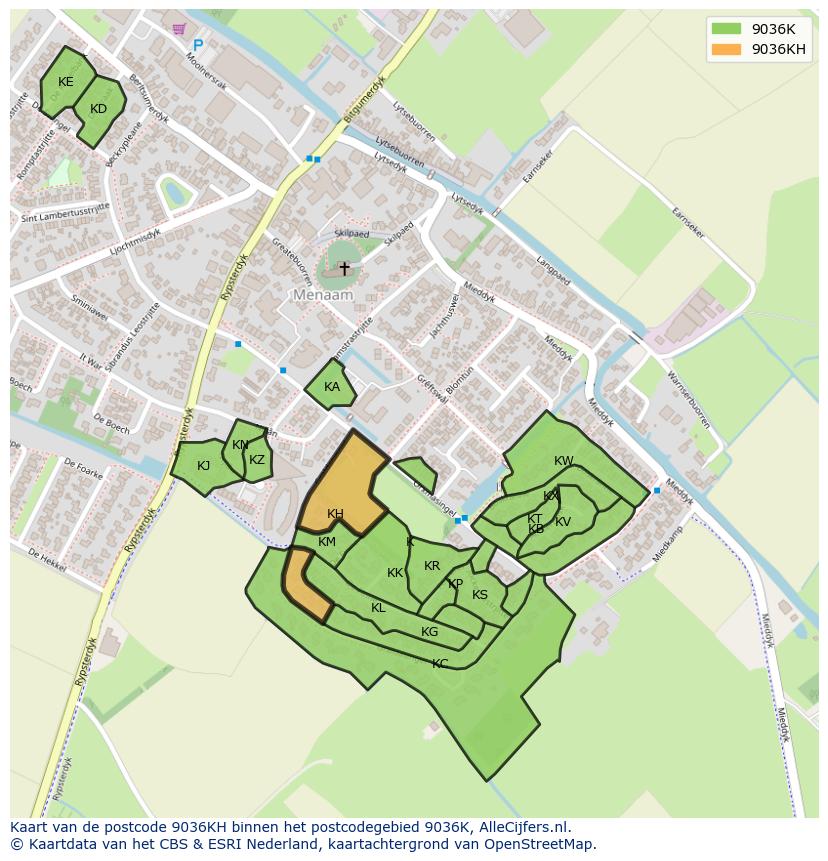 Afbeelding van het postcodegebied 9036 KH op de kaart.