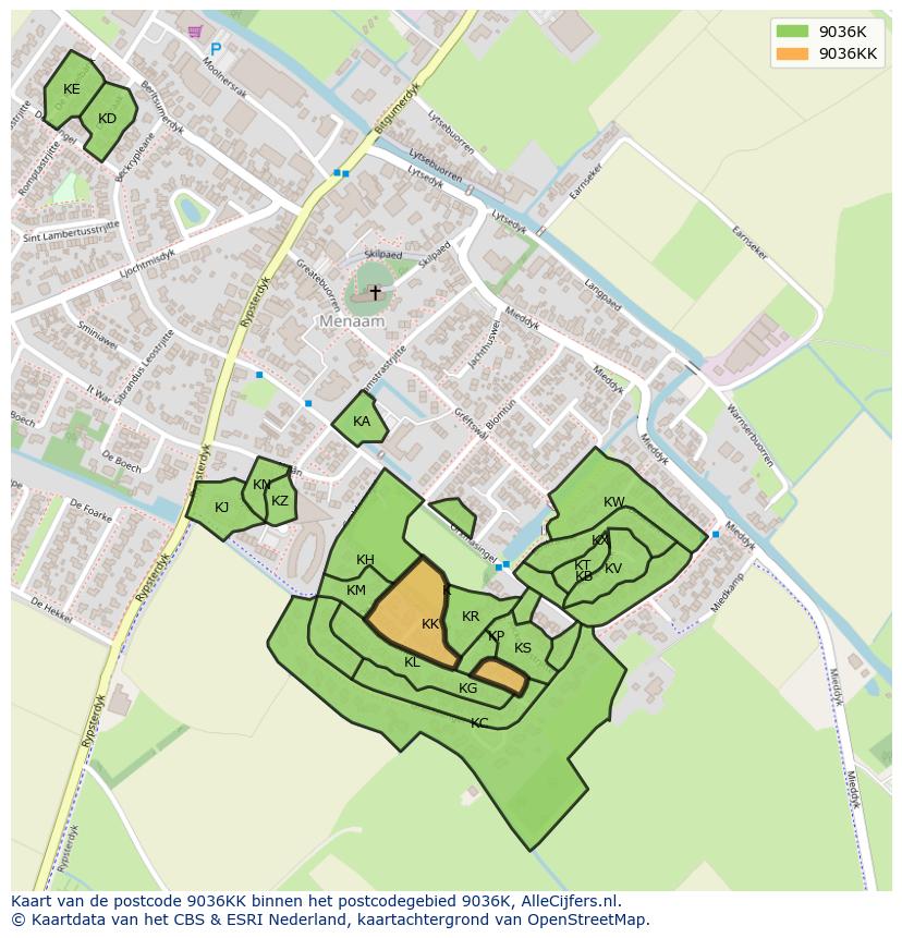 Afbeelding van het postcodegebied 9036 KK op de kaart.